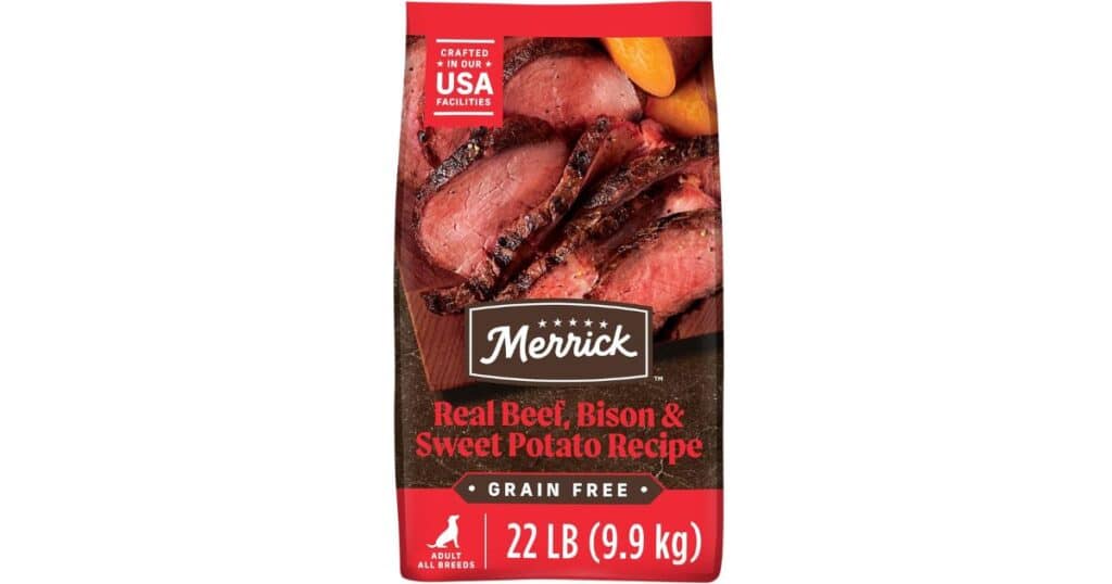 "Merrick grain-free senior dog food with glucosamine for pitbull joint health"